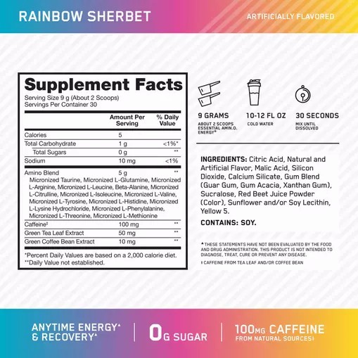 Optimum Nutrition ESSENTIAL AMIN.O. ENERGY® *new* Rainbow Sherbet - Notify Me 0.6 lb - Notify me Chile | 651-KIJTBG