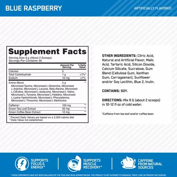 Optimum Nutrition ESSENTIAL AMIN.O. ENERGY® Blue Raspberry 0.6 lb (30 Servings) Chile | 024-WARLEQ