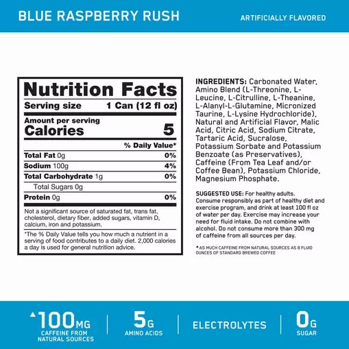 Optimum Nutrition ESSENTIAL AMIN.O. ENERGY+ Electrolytes Sparkling *new* Blue Raspberry Rush 355ml * 12 Cans (12 Servings) Chile | 741-YWCGKR