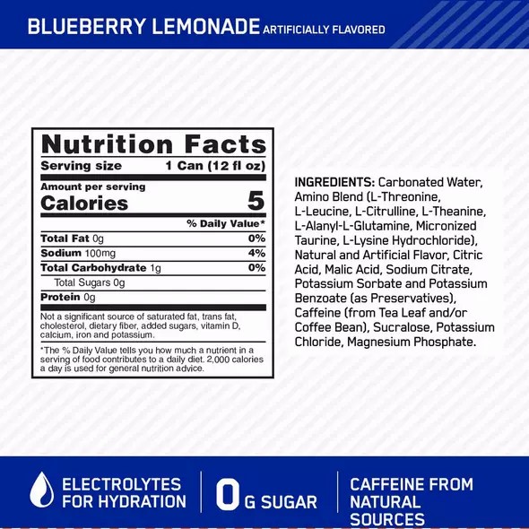 Optimum Nutrition ESSENTIAL AMIN.O. ENERGY+ Electrolytes Sparkling Blueberry Lemonade 355ml * 12 Cans (12 Servings) Chile | 254-MPQSNH