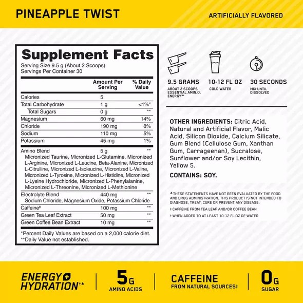 Optimum Nutrition Essential AMIN.O. ENERGY + Electrolytes Pineapple Twist 0.63 lb (30 Servings) Chile | 210-YVBWRM