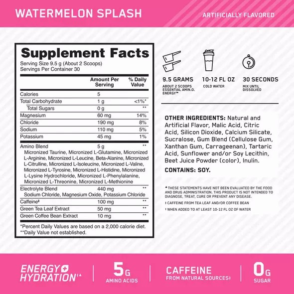 Optimum Nutrition Essential AMIN.O. ENERGY + Electrolytes Watermelon Splash 0.63 lb (30 Servings) Chile | 034-QOZCLJ