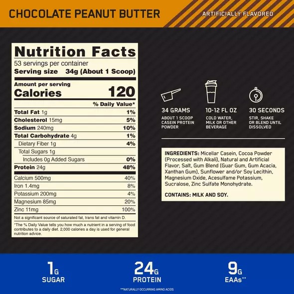 Optimum Nutrition GOLD STANDARD® 100% Casein Chocolate Peanut Butter 4 lb (53 Servings) Chile | 754-VNIOKU