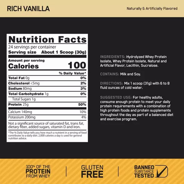 Optimum Nutrition GOLD STANDARD® 100% Isolate Rich Vainilla 2.91 lb (44 Servings) Chile | 473-DTJBPZ