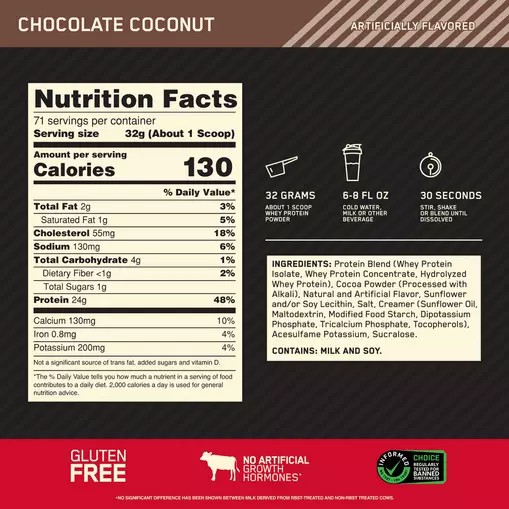 Optimum Nutrition GOLD STANDARD 100% WHEY™ Chocolate Coconut 5 lb (71 Servings) Chile | 327-XFYAOV