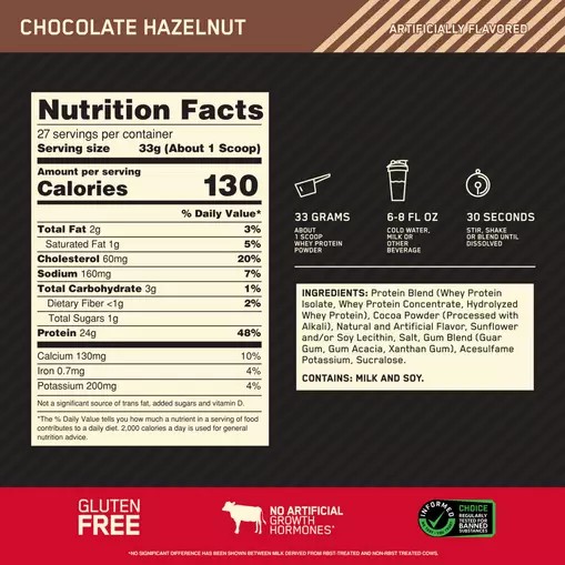 Optimum Nutrition GOLD STANDARD 100% WHEY™ Chocolate Hazelnut 2 lb (27 Servings) Chile | 241-IGMKRN