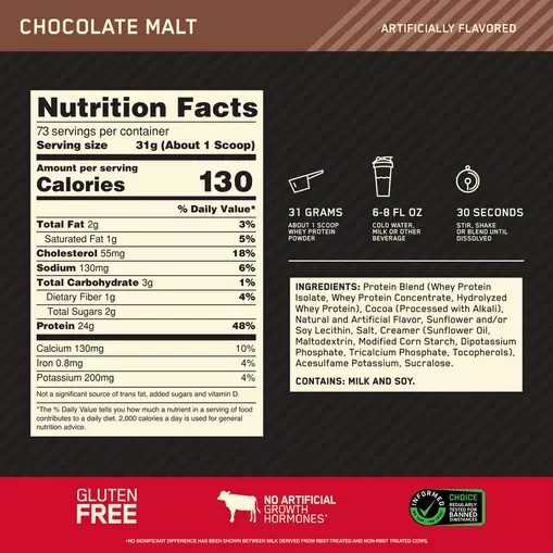 Optimum Nutrition GOLD STANDARD 100% WHEY™ Chocolate Malt 5 lb (73 Servings) Chile | 250-AMYXJP