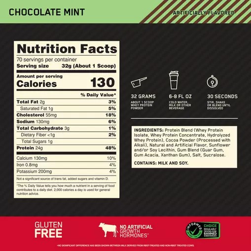 Optimum Nutrition GOLD STANDARD 100% WHEY™ Chocolate Mint 5 lb (70 Servings) Chile | 124-RWGACS