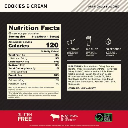 Optimum Nutrition GOLD STANDARD 100% WHEY™ Cookies & Cream 5 lb (68 Servings) Chile | 296-LKWCMF