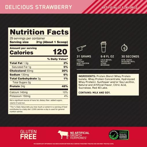 Optimum Nutrition GOLD STANDARD 100% WHEY™ Delicious Strawberry 2 lb (29 Servings) Chile | 603-AJFBIR