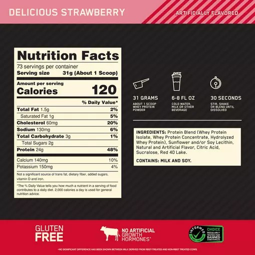 Optimum Nutrition GOLD STANDARD 100% WHEY™ Delicious Strawberry 5 lb (73 Servings) Chile | 152-PWRVCK