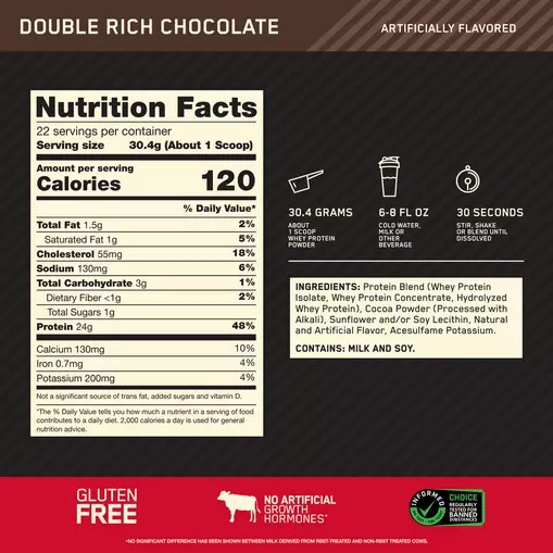 Optimum Nutrition GOLD STANDARD 100% WHEY™ Double Rich Chocolate 1.5 lb (22 Servings) Chile | 540-QLNSZC