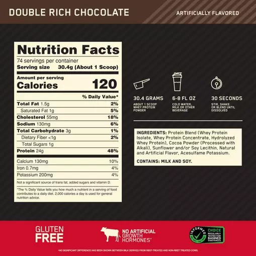 Optimum Nutrition GOLD STANDARD 100% WHEY™ Double Rich Chocolate 5 lb (74 Servings) Chile | 610-INPTCG