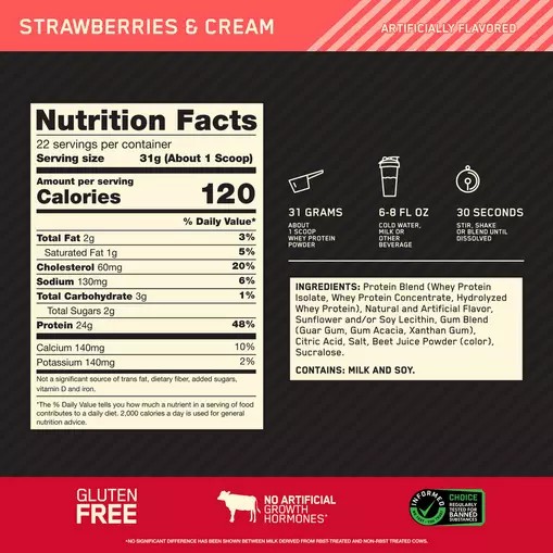 Optimum Nutrition GOLD STANDARD 100% WHEY™ Strawberries & Cream 1.5 lb (22 Servings) Chile | 837-DFBEWY