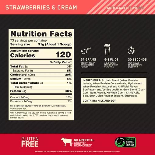 Optimum Nutrition GOLD STANDARD 100% WHEY™ Strawberries & Cream 5 lb (73 Servings) Chile | 568-OLVEJW