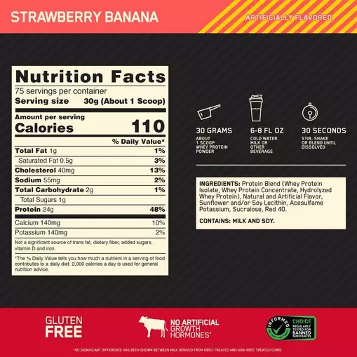 Optimum Nutrition GOLD STANDARD 100% WHEY™ Strawberry Banana 5 lb (75 Servings) Chile | 081-OAMNGP