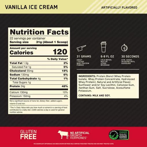 Optimum Nutrition GOLD STANDARD 100% WHEY™ Vainilla Ice Cream 1.5 lb (22 Servings) Chile | 351-JZKIQT