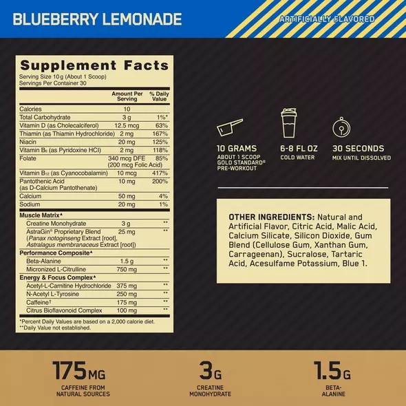 Optimum Nutrition GOLD STANDARD® Pre-Workout Blueberry Lemonade 0.66 lb (30 Servings) Chile | 209-IMFOKE