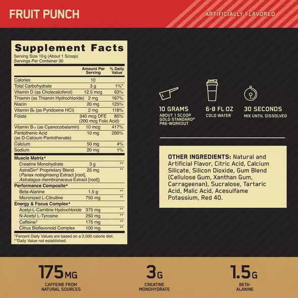 Optimum Nutrition GOLD STANDARD® Pre-Workout Fruit Punch 0.66 lb (30 Servings) Chile | 012-WMAKVE