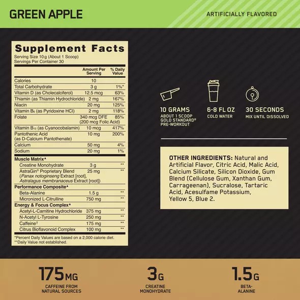 Optimum Nutrition GOLD STANDARD® Pre-Workout Green Apple 0.66 lb (30 Servings) Chile | 738-BZSATL