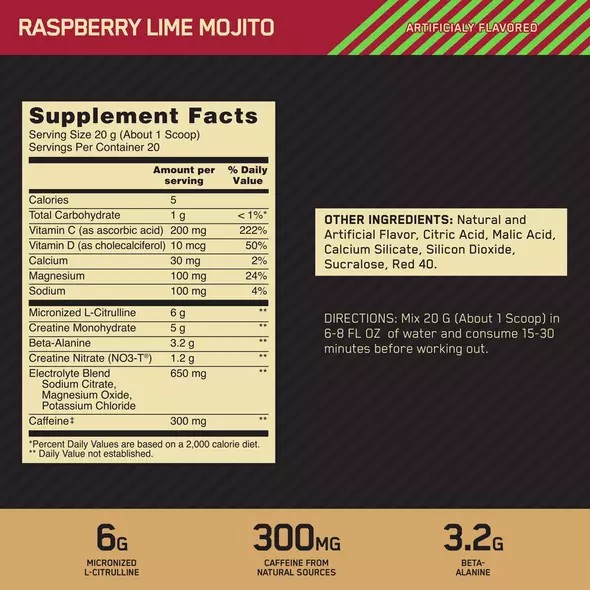 Optimum Nutrition GOLD STANDARD® Pre Advanced Raspberry Lime Mojito 0.88 lb (20 Servings) Chile | 830-MYZRIN