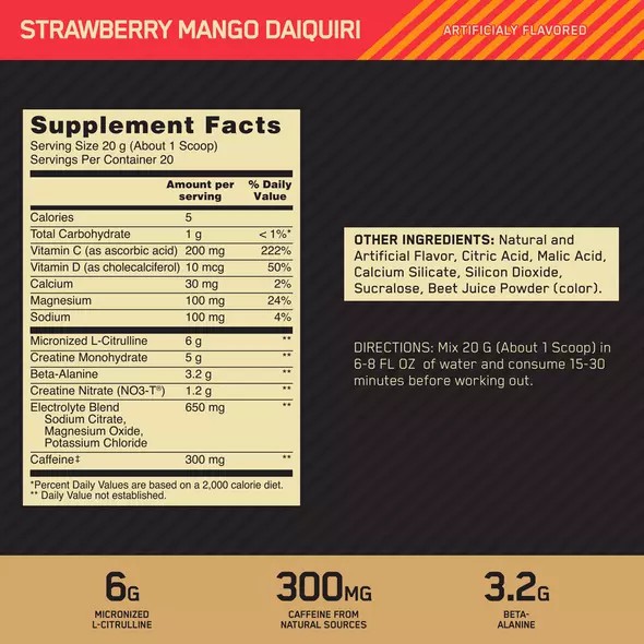 Optimum Nutrition GOLD STANDARD® Pre Advanced Strawberry Mango Daiquiri 0.88 lb (20 Servings) Chile | 179-UTPNMB