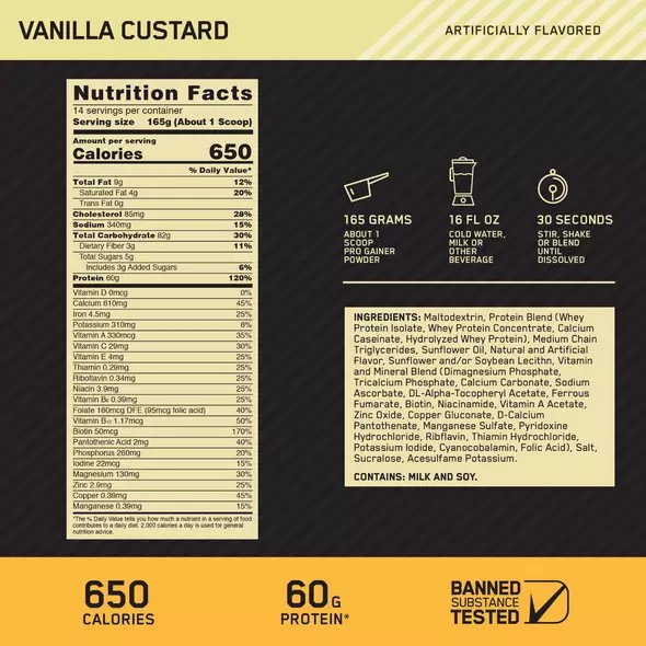 Optimum Nutrition GOLD STANDARD® Pro Gainer Vainilla Custard 5.09 lb (14 Servings) Chile | 439-OPUCBZ