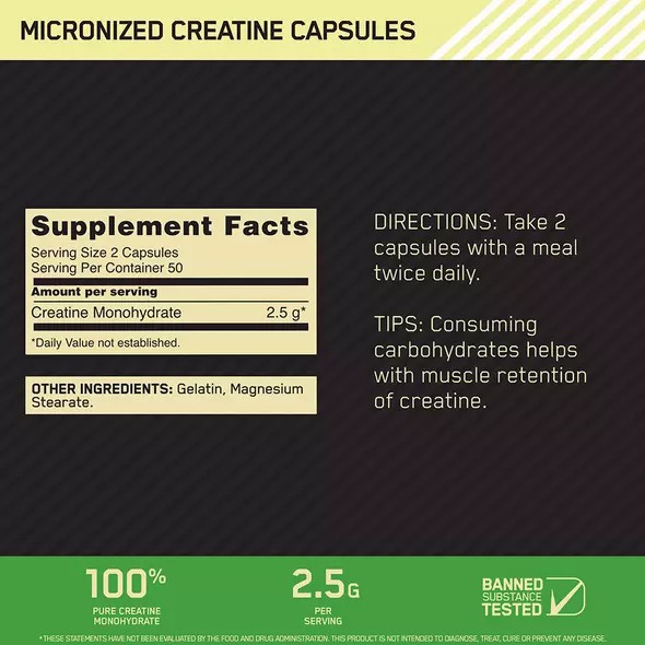 Optimum Nutrition Micronized Creatine Capsules 100 Capsules (50 Servings) Chile | 174-SKBNTX