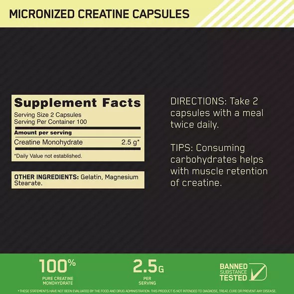 Optimum Nutrition Micronized Creatine Capsules 200 Capsules (100 Servings) Chile | 687-QAZENS