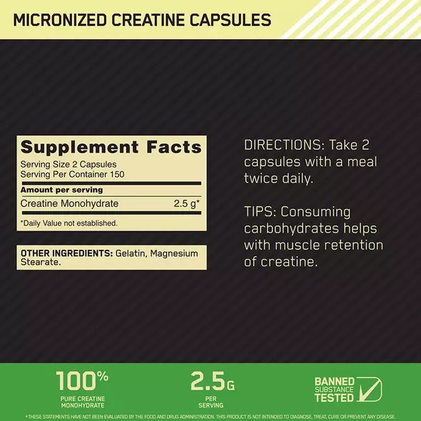 Optimum Nutrition Micronized Creatine Capsules 300 Capsules (150 Servings) Chile | 305-CHRQKO