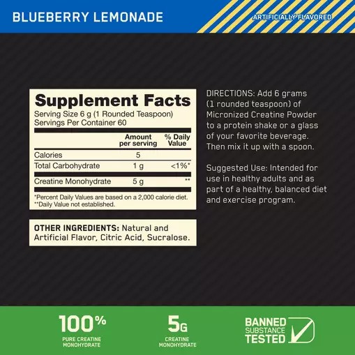 Optimum Nutrition Micronized Creatine Powder Blueberry Lemonade 0.79 lb (60 Servings) Chile | 321-JLDCKS