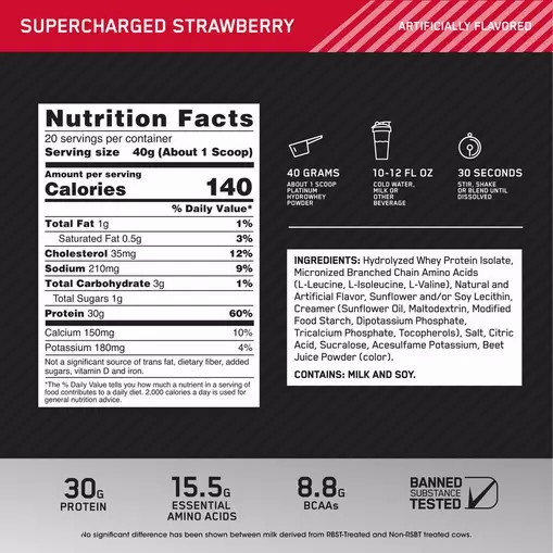 Optimum Nutrition PLATINUM HYDROWHEY™ Supercharged Strawberry 1.76 lb (20 Servings) Chile | 923-FVJPQL