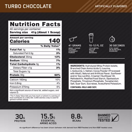 Optimum Nutrition PLATINUM HYDROWHEY™ Turbo Chocolate 3.61 lb (40 Servings) Chile | 918-RFHTGO