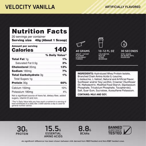 Optimum Nutrition PLATINUM HYDROWHEY™ Velocity Vainilla 1.76 lb (20 Servings) Chile | 156-BRKHQL