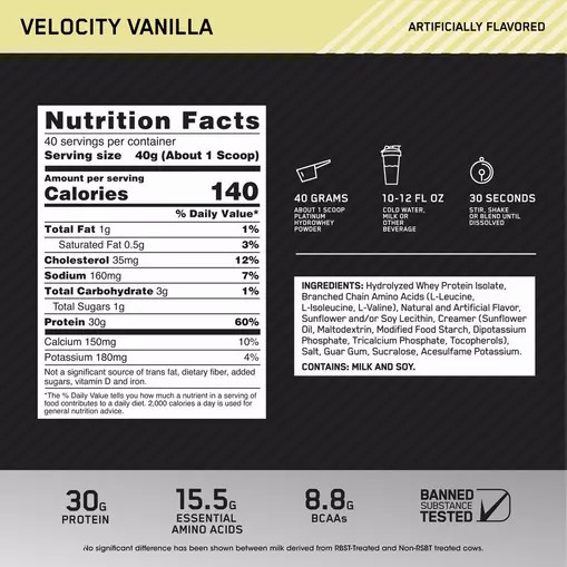 Optimum Nutrition PLATINUM HYDROWHEY™ Velocity Vainilla 3.52 lb (40 Servings) Chile | 687-YIFEUW