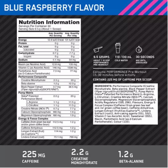 Optimum Nutrition Performance Pre-Workout Blue Raspberry 285g Chile | 478-DHJKWN