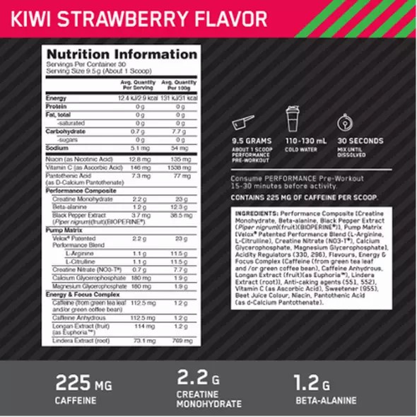 Optimum Nutrition Performance Pre-Workout Kiwi Strawberry 285g Chile | 248-RLFZXV