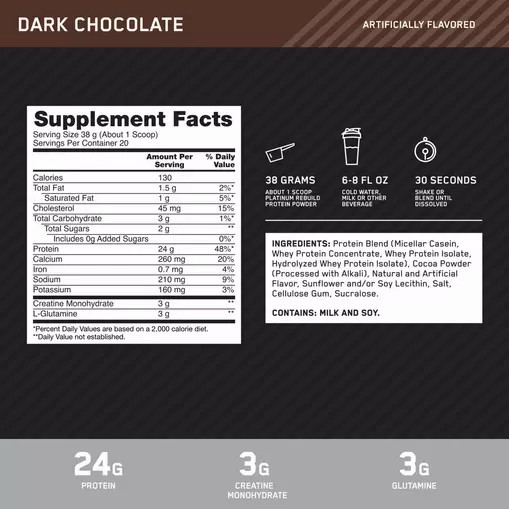 Optimum Nutrition Platinum Rebuild Dark Chocolate 1.67 lb (20 Servings) Chile | 258-OXAEPS