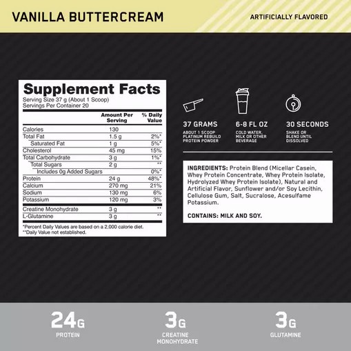 Optimum Nutrition Platinum Rebuild Vainilla Buttercream 1.63 lb (20 Servings) Chile | 627-SWKZJB