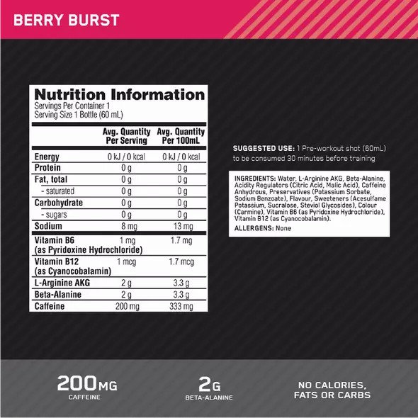 Optimum Nutrition Pure Pre 200 Pre-Workout Shot Berry 60ml (12 shots) Chile | 320-FRKLSN