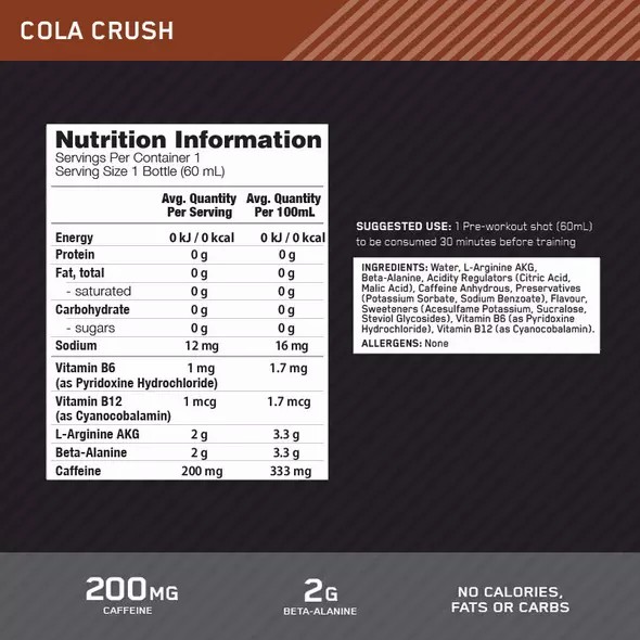 Optimum Nutrition Pure Pre 200 Pre-Workout Shot Cola 60ml (12 shots) Chile | 531-TBXZED