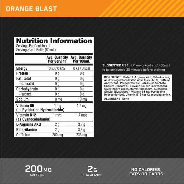 Optimum Nutrition Pure Pre 200 Pre-Workout Shot Orange 60ml (12 shots) Chile | 629-SFPRCI