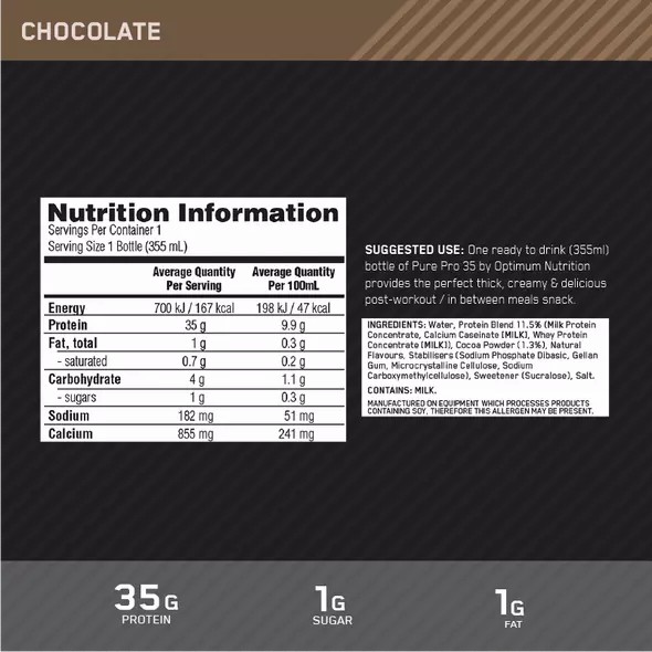 Optimum Nutrition Pure Pro 35 Chocolate 355ml (6 bottles) Chile | 316-DGCLBT