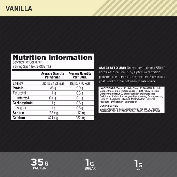 Optimum Nutrition Pure Pro 35 Vainilla 355ml (6 bottles) Chile | 315-MZBJID